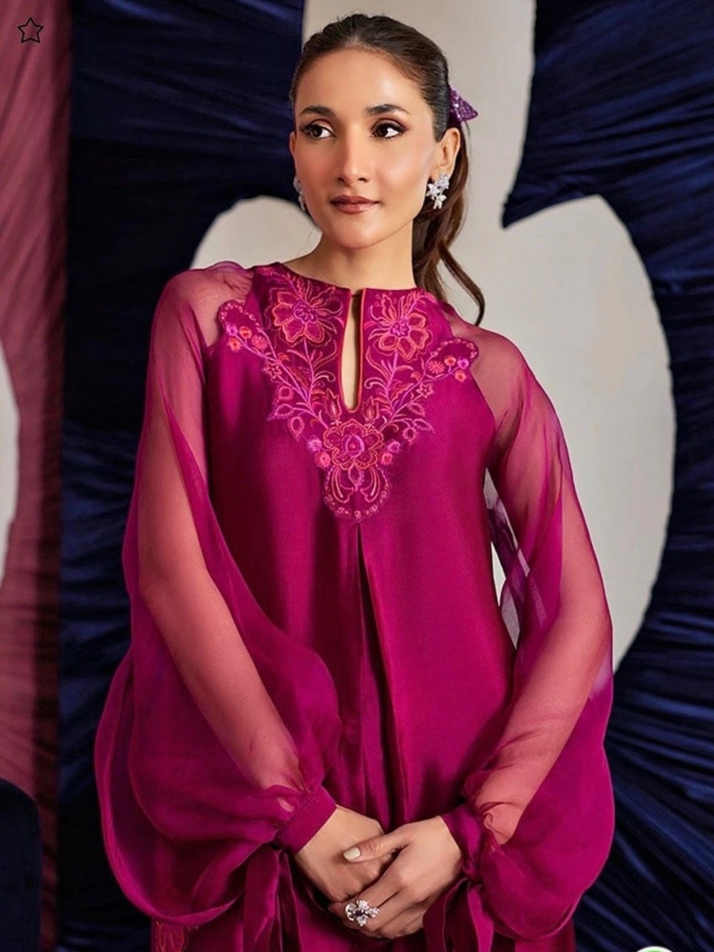 Farah Talib Aziz copy- Peri Magenta Shirt Embroidered Maxi kaftan Dress in Pink